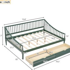 Alternative view of Full Size Wooden Daybed with 2 Storage Drawers and Wood Support Legs, Multi-Functional Full Day Bed wtih Rails on 3 Sides for Bedroom, Living Room and Guestroom, Green