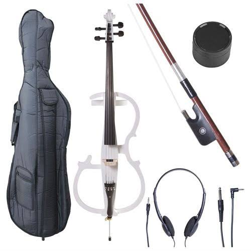 Cecilio CECO-2WH Full Size 4/4 Ebony Electric Silent Pearl White Cello in Style 2 +Soft Case, Bow u0026 Accessories