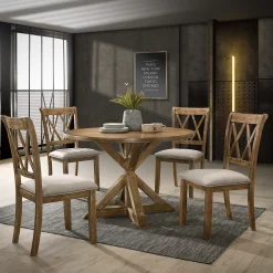 Roundhill Furniture Windvale Cross-Buck Wood 5-Piece Dining Set in Tan