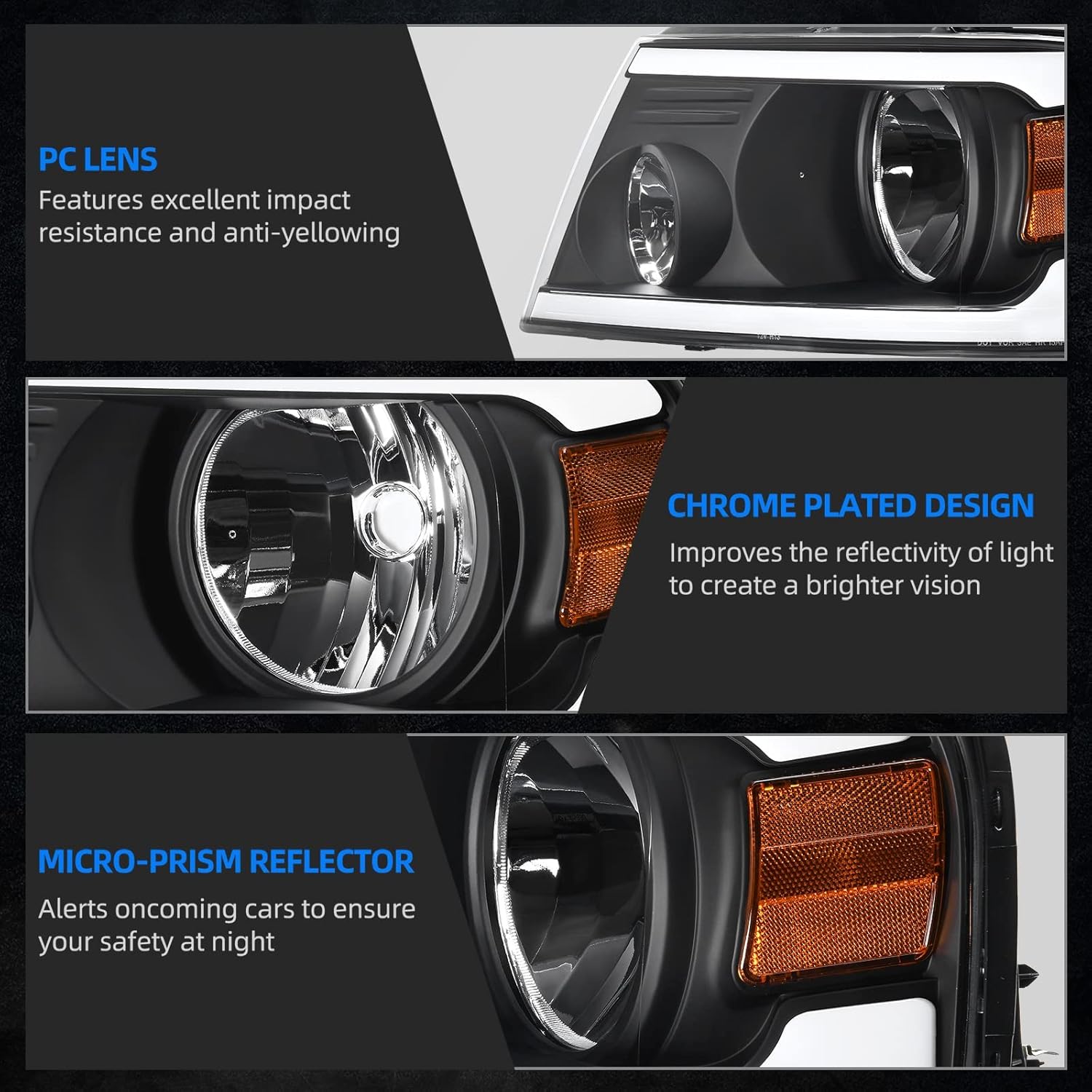 AUTOSAVER88 Switchback LED Tube Headlights Assembly Compatible with 2004 2005 2006 2007 2008 Ford F150 F-150 DRL Headlamp Replacement Pair with Amber Reflector - Image 7