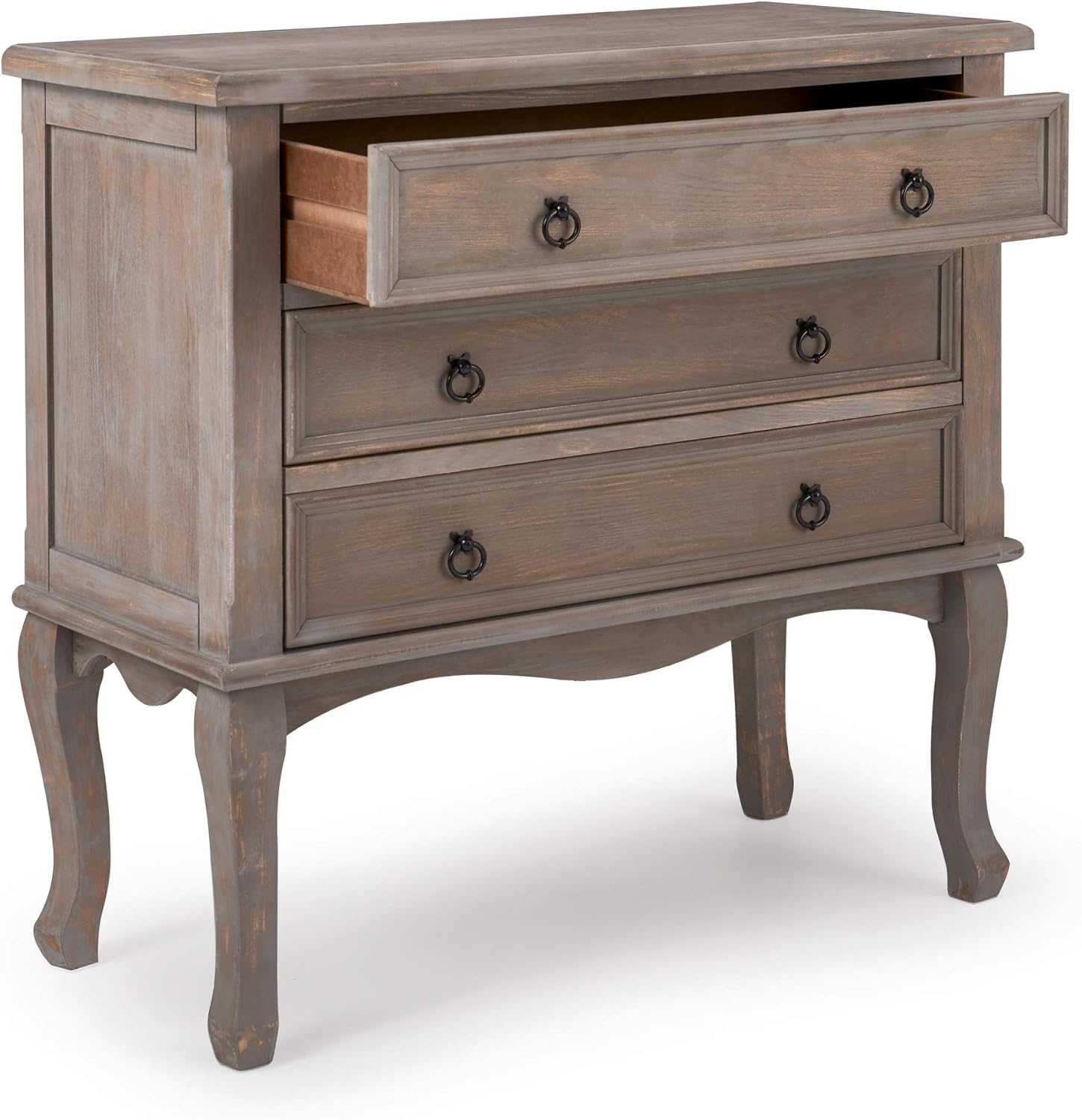 ClickDecor Thomas Antique Country Style Dresser Chest with 3 Drawers, Weathered Wood Nightstand Living Room Accent Furniture, Black Ring Handle, Curved Legs, Gray - Image 11