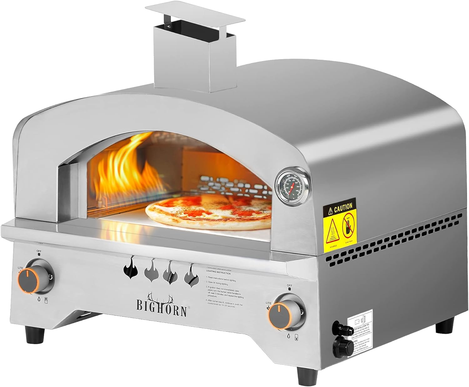 BIG HORN OUTDOORS Gas Pizza Oven, Portable Propane Pizza Oven with 13 inch Pizza Stone, Stainless Steel Pizza Maker for Outdoor Cooking