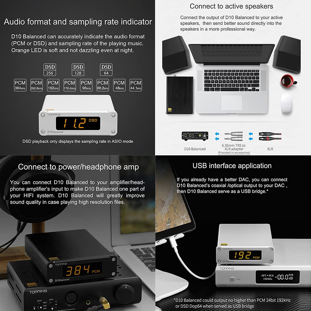 Topping D10 Balanced USB Converter HiFi Converters TRS/XLR/Opt/Coax Output ES9038Q2M XMOS XU208 PCM384KHz DSD256 Digital to Analog Converter Home Audio DAC (Black) - Image 4