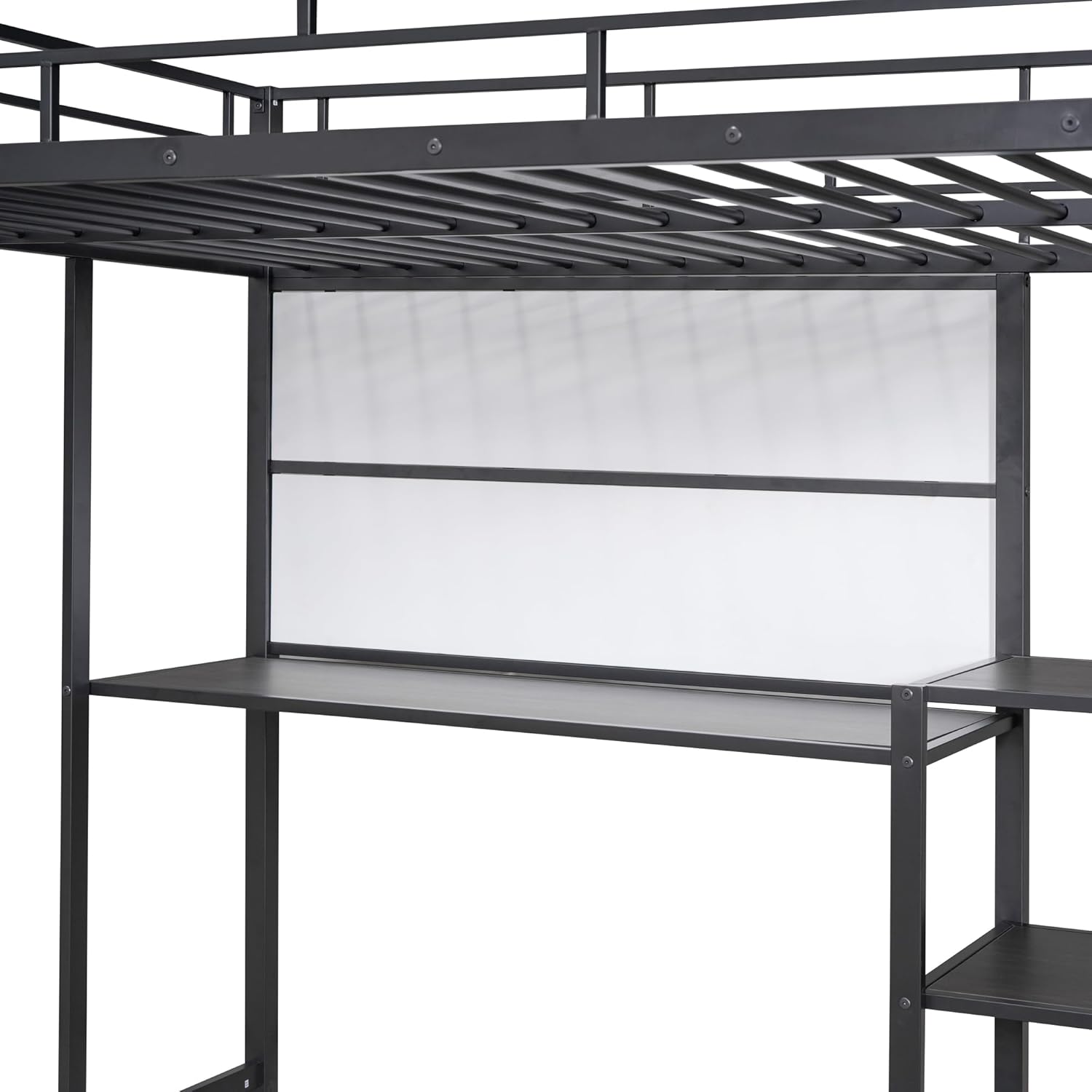 Full Size Metal Loft Bed with Desk, Whiteboard and 3-layer Shelves, Heavy Duty Loftbed w/Storage and Built-in Ladder, for Kids Teens Bedroom Dorm, Black - Image 4
