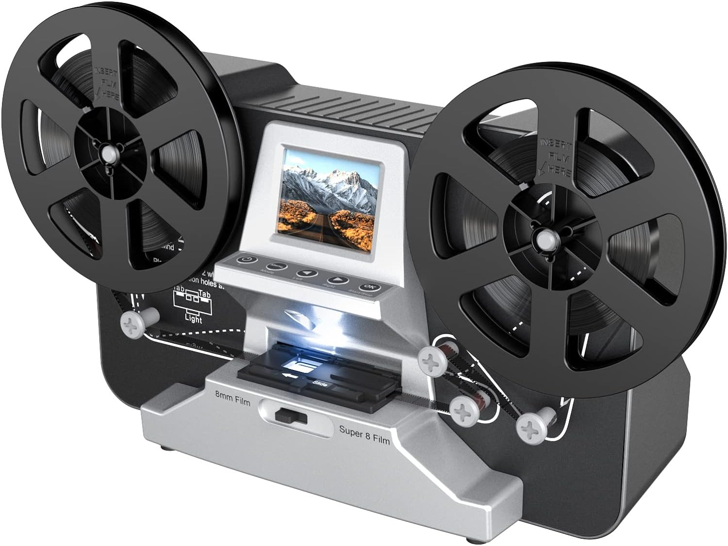 8mm Super 8 Reels to Digital MovieMaker Film Scanner Converter, Pro Film Digitizer Machine with 2.4 LCD, Silver (Convert 3 inch and 5 inch Film reels into Digital) with 32 GB SD Card