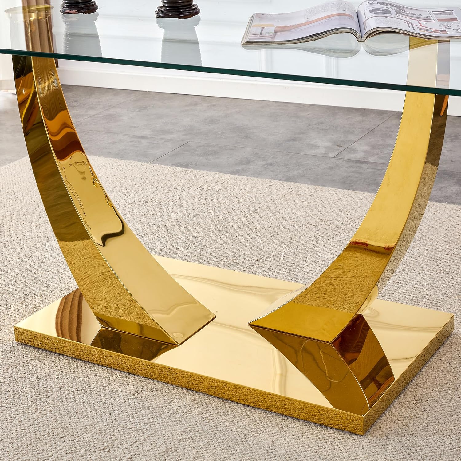 HomVent Contemporary Glass Top Rectangular Kitchen Dining Table, 0.39 Clear Tempered Glass Top Kitchen Table with Stainless Steel Base, Home Office Kitchen Dining Room Table Furniture(C, Gold Base) - Image 5