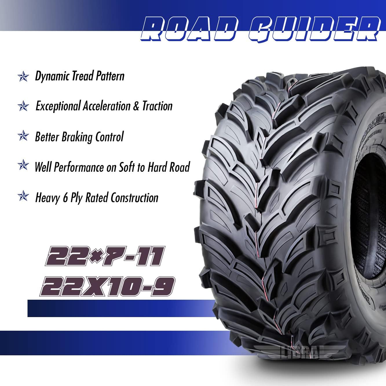 Set 4 Road Guider ATV/UTV Tires 22×7-11 Front & 22×10-9 Rear /6PR 20mm Deep Tread Honda Recon 250 Suzuki Ozark 250 - Image 2