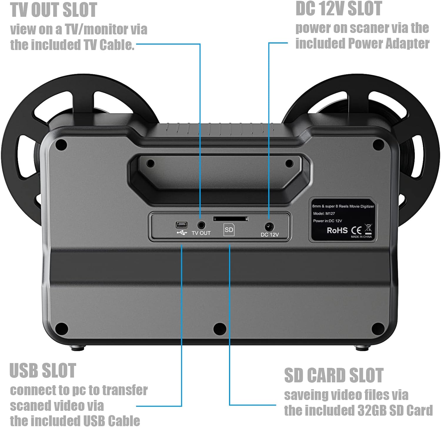 8mm Super 8 Reels to Digital MovieMaker Film Scanner Converter, Pro Film Digitizer Machine with 2.4 LCD, Silver (Convert 3 inch and 5 inch Film reels into Digital) with 32 GB SD Card - Image 5