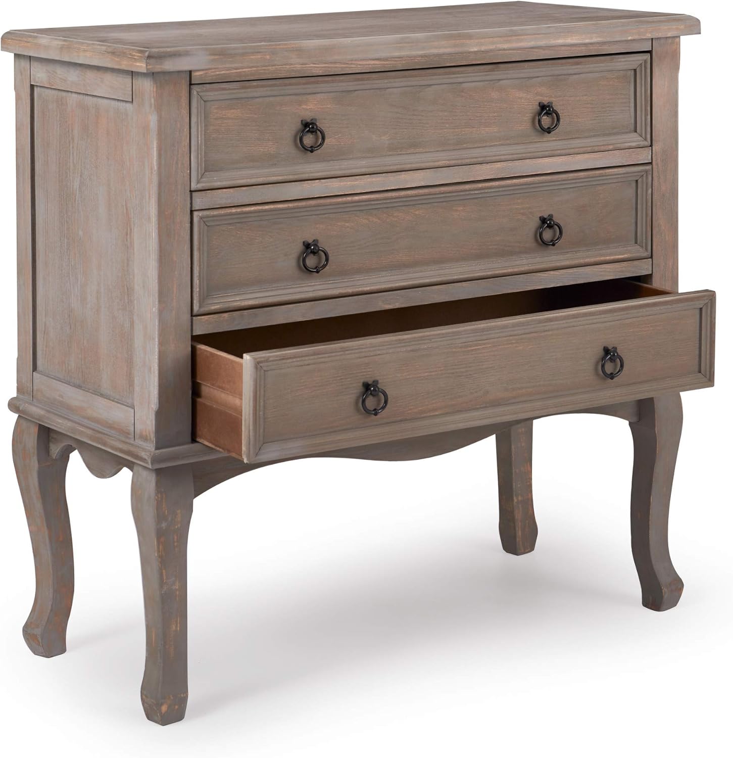 ClickDecor Thomas Antique Country Style Dresser Chest with 3 Drawers, Weathered Wood Nightstand Living Room Accent Furniture, Black Ring Handle, Curved Legs, Gray - Image 13