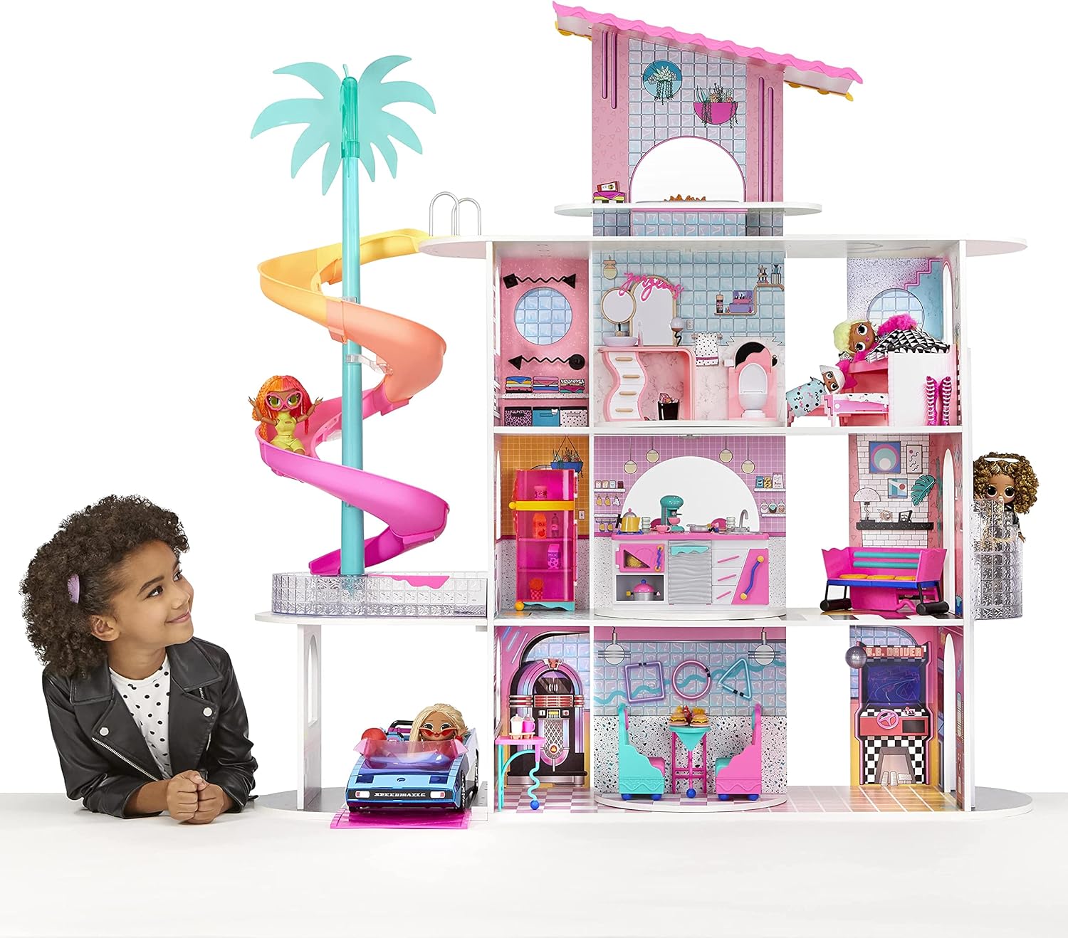 LOL Surprise OMG House of Surprises ?C New Real Wood Dollhouse with 85+ Surprises, 4 Floors, 10 Rooms, Elevator, Spiral Slide, Pool, Movie Theater Drive Thru, Rooftop- Toy Gift for Girls Ages 4 5 6 7+