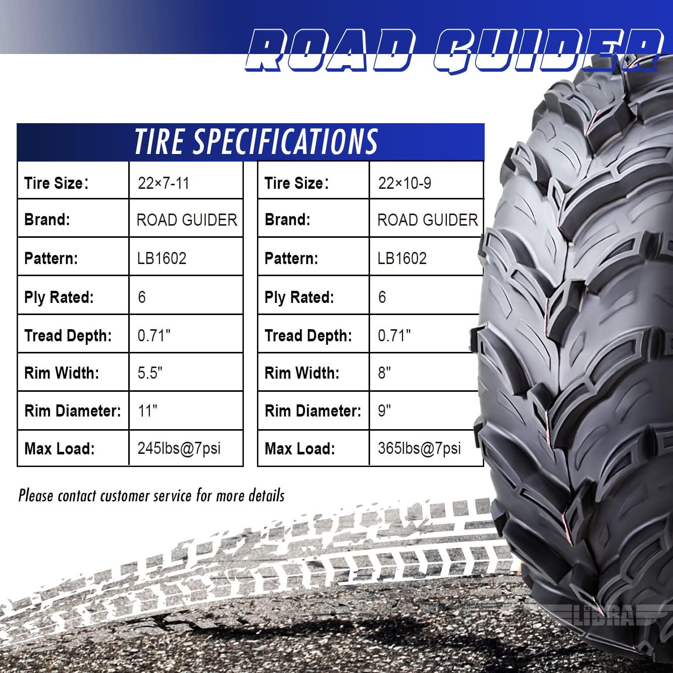 Set 4 Road Guider ATV/UTV Tires 22×7-11 Front & 22×10-9 Rear /6PR 20mm Deep Tread Honda Recon 250 Suzuki Ozark 250 - Image 3