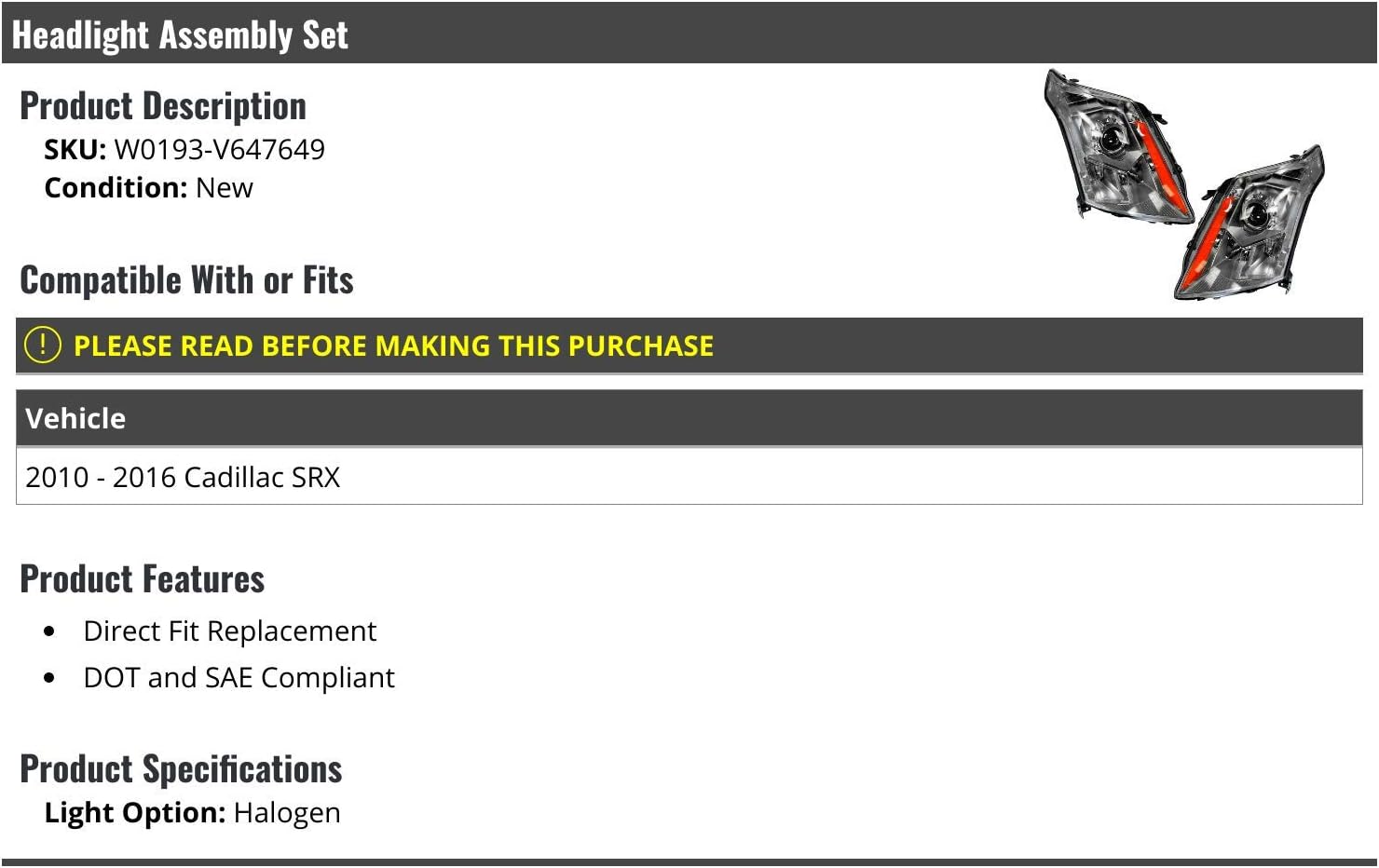 Headlight Assembly Set of 2 – Compatible with 2010-2016 Cadillac SRX