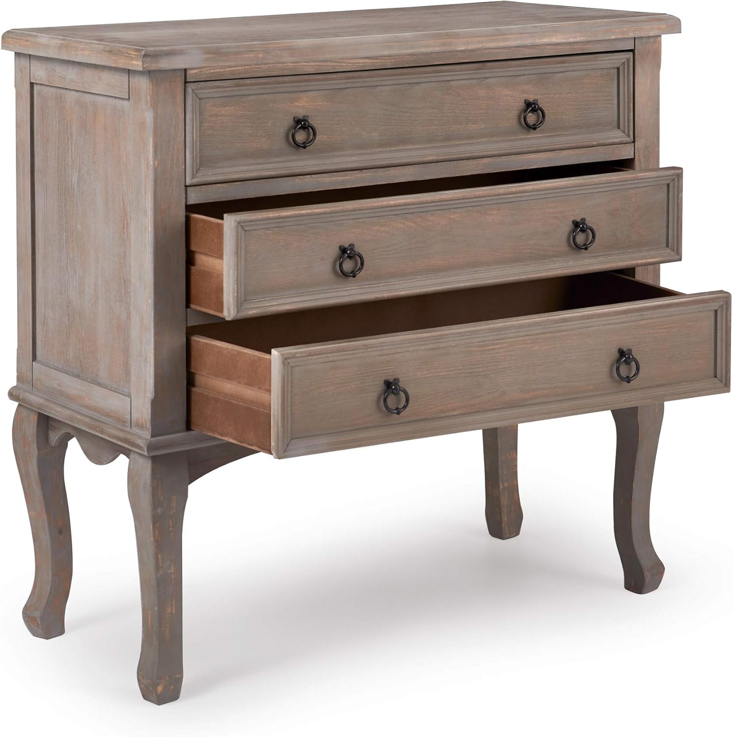 ClickDecor Thomas Antique Country Style Dresser Chest with 3 Drawers, Weathered Wood Nightstand Living Room Accent Furniture, Black Ring Handle, Curved Legs, Gray - Image 14