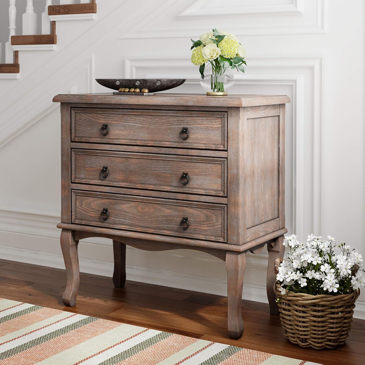 ClickDecor Thomas Antique Country Style Dresser Chest with 3 Drawers, Weathered Wood Nightstand Living Room Accent Furniture, Black Ring Handle, Curved Legs, Gray - Image 2