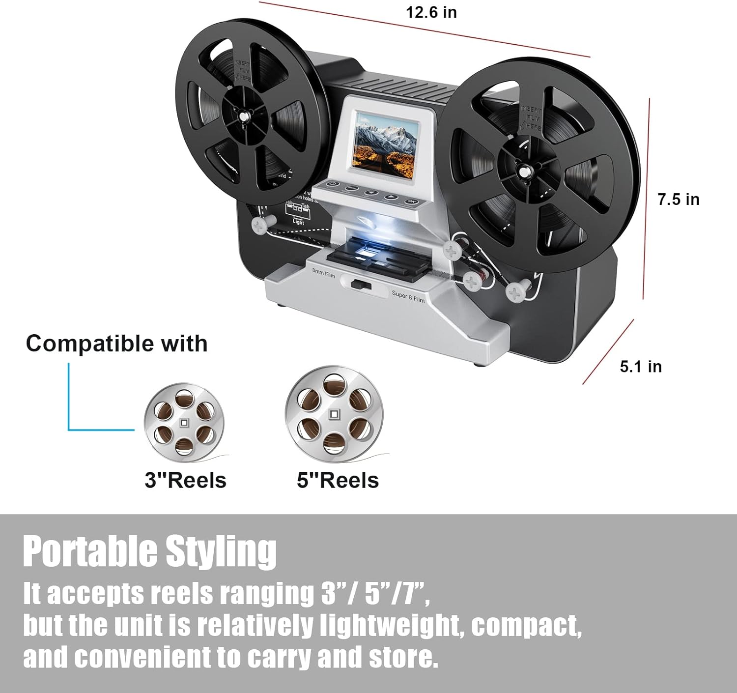 8mm Super 8 Reels to Digital MovieMaker Film Scanner Converter, Pro Film Digitizer Machine with 2.4 LCD, Silver (Convert 3 inch and 5 inch Film reels into Digital) with 32 GB SD Card - Image 4
