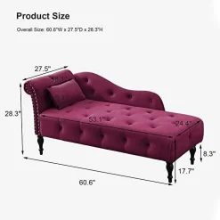 Alternative view of TJUNBOLIFE Velvet Chaise Lounge Indoor  60u201D Tufted Upholstered Lounge Chair with Pillow & Rolled Arm Nailhead Trim for Bedroom Living Room Office  Grey