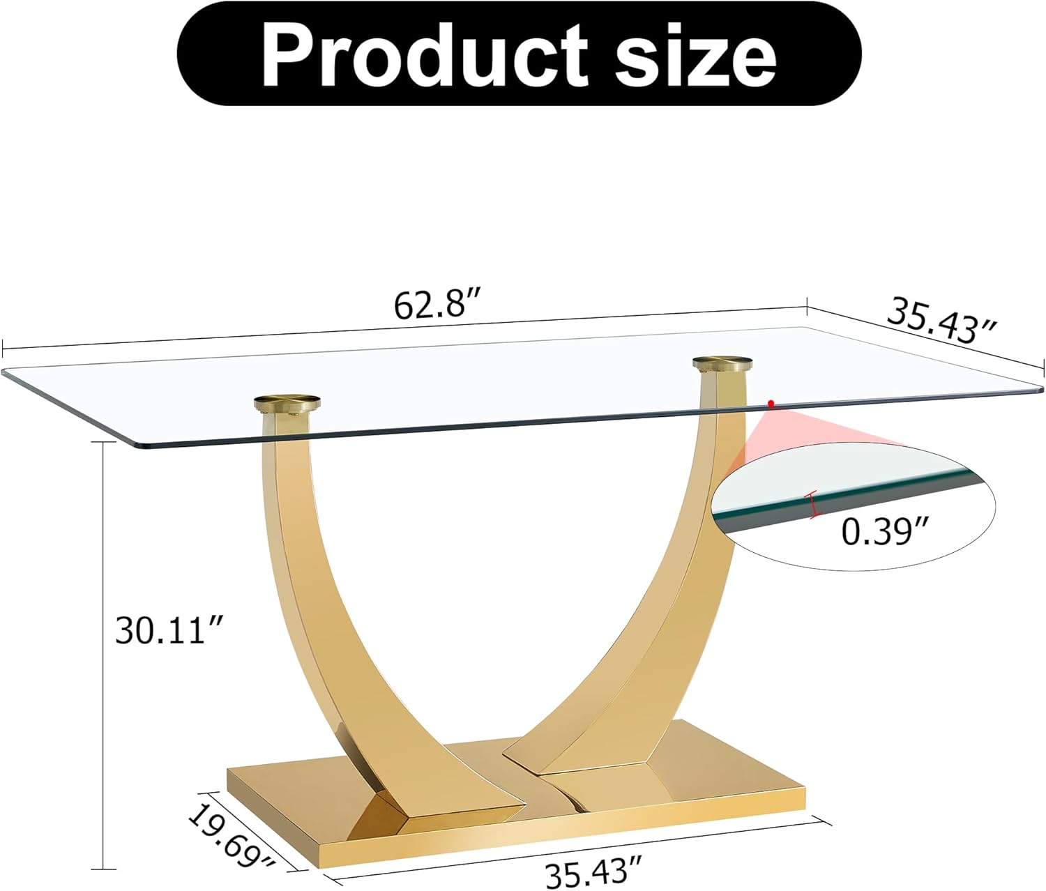 HomVent Contemporary Glass Top Rectangular Kitchen Dining Table, 0.39 Clear Tempered Glass Top Kitchen Table with Stainless Steel Base, Home Office Kitchen Dining Room Table Furniture(C, Gold Base) - Image 2