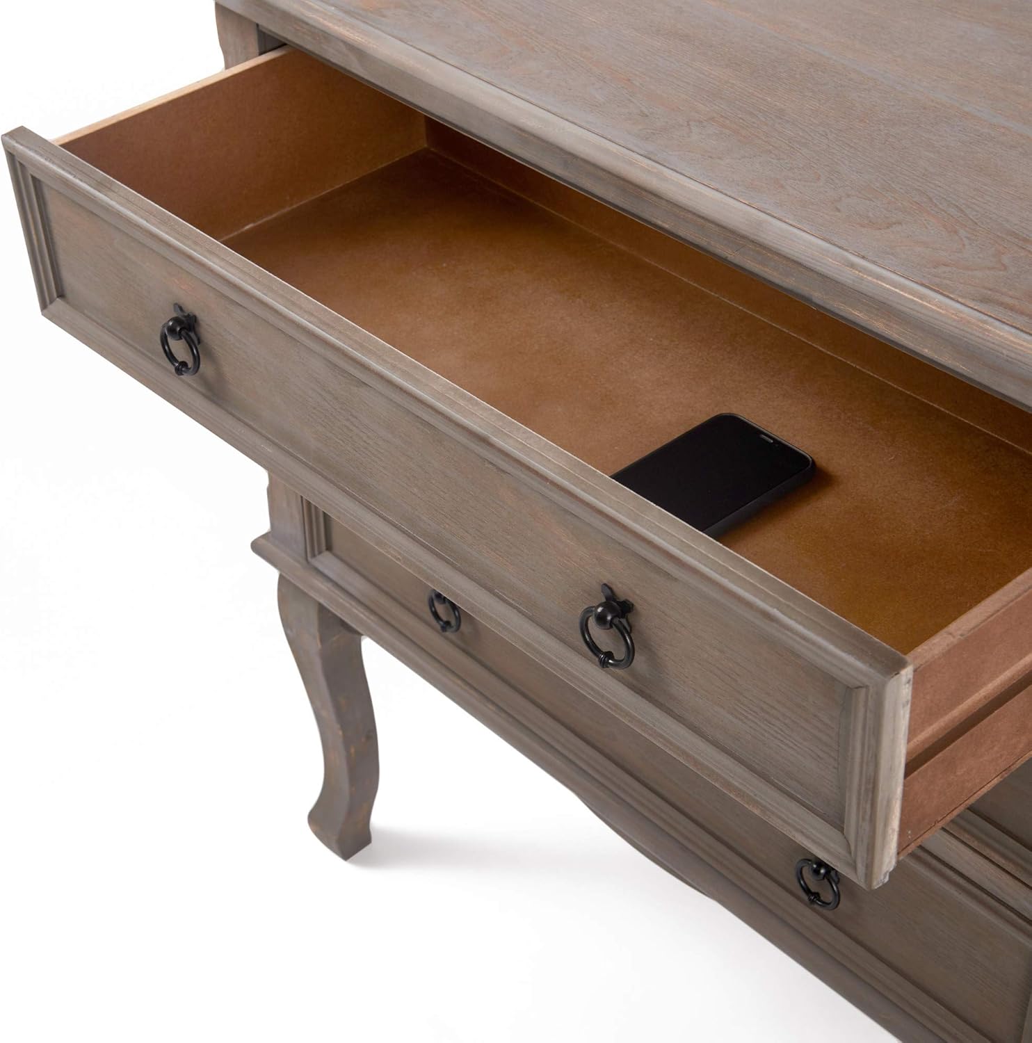 ClickDecor Thomas Antique Country Style Dresser Chest with 3 Drawers, Weathered Wood Nightstand Living Room Accent Furniture, Black Ring Handle, Curved Legs, Gray - Image 5