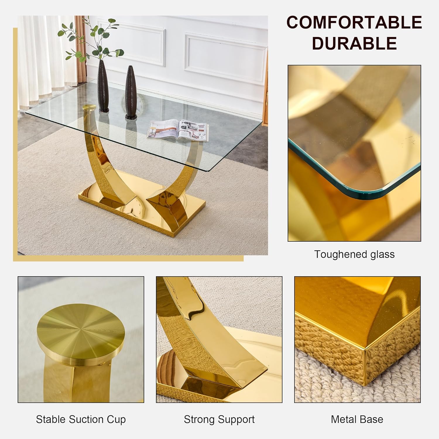 HomVent Contemporary Glass Top Rectangular Kitchen Dining Table, 0.39 Clear Tempered Glass Top Kitchen Table with Stainless Steel Base, Home Office Kitchen Dining Room Table Furniture(C, Gold Base) - Image 3