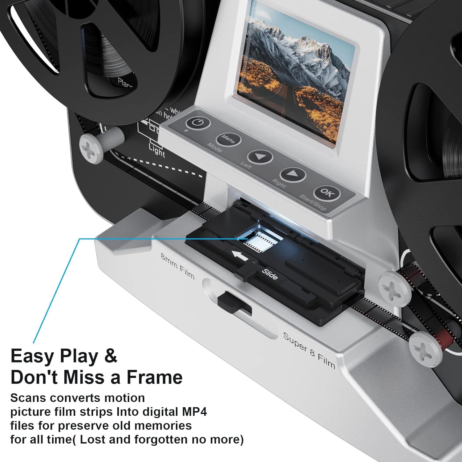 8mm Super 8 Reels to Digital MovieMaker Film Scanner Converter, Pro Film Digitizer Machine with 2.4 LCD, Silver (Convert 3 inch and 5 inch Film reels into Digital) with 32 GB SD Card - Image 2